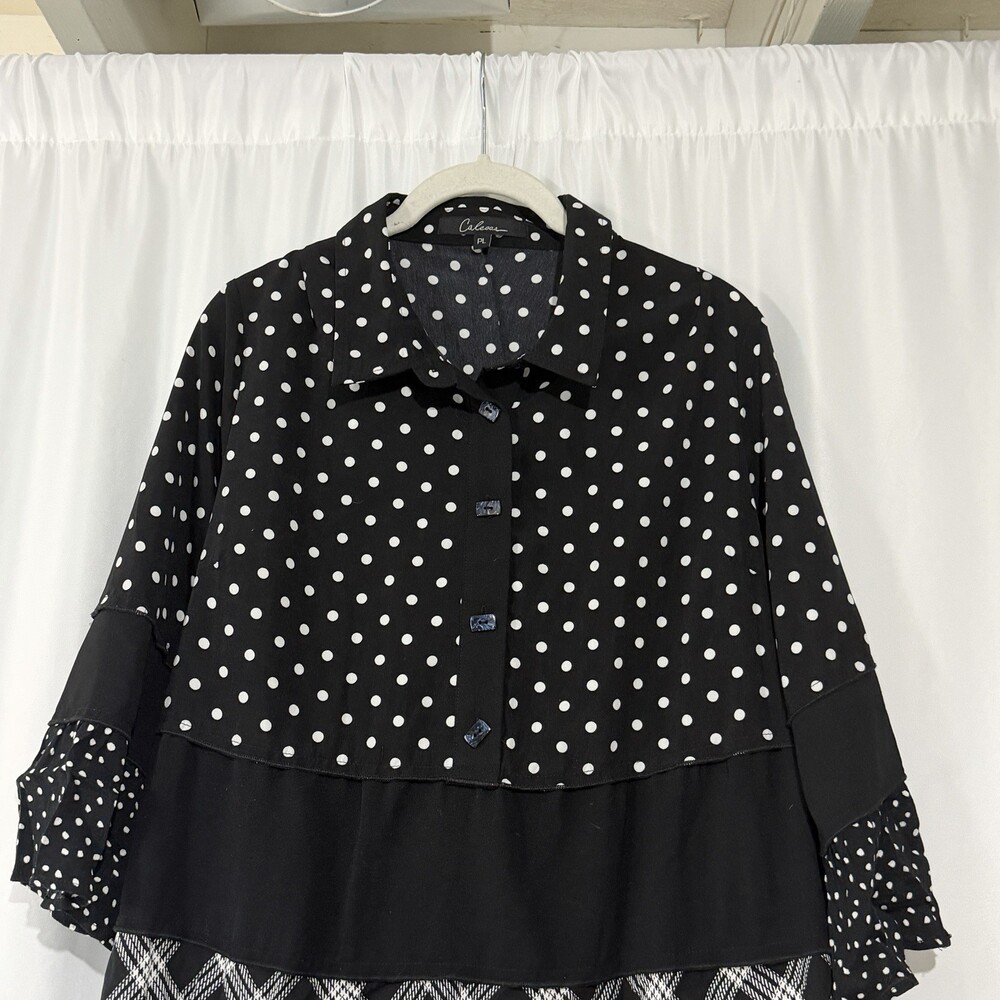 Caleooa Mixed Print Tunic Blouse Sz PL Black White Polka Dot Plaid Tiered Ruffle - Picture 2 of 11